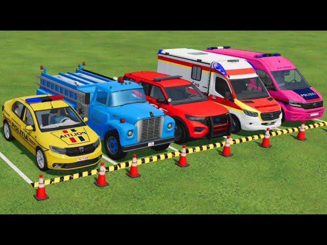 TRANSPORTING POLICE CARS, FIRE DEPARTMENT and AMBULANCE VEHICLES WITH TRUCKS TO THE GARAGE ! FS22