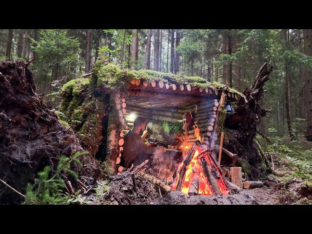 Survival in forest without  tent and sleeping bag  Building a survival shelter on my own. Bushcraft.