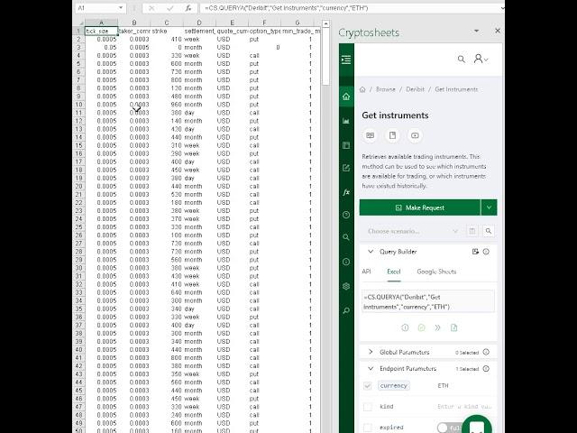 Get Deribit data in Excel and Google Sheets - Get instruments