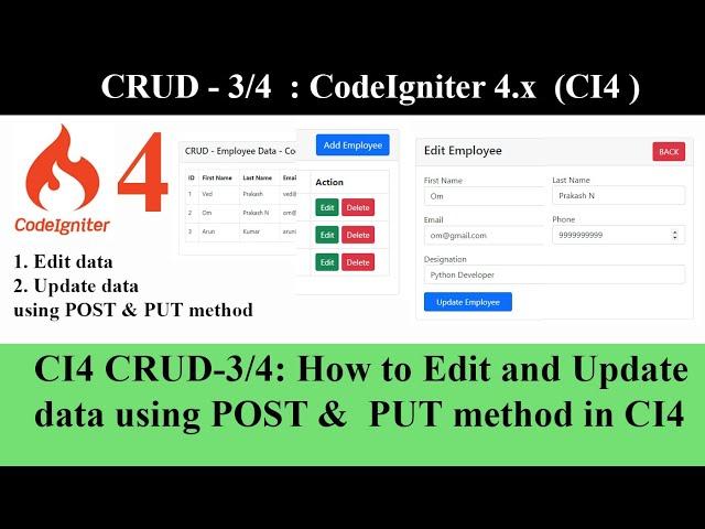 CI4 CRUD-3/4: How to Edit and Update data (fetch data by ID) using POST &  PUT method CodeIgniter 4