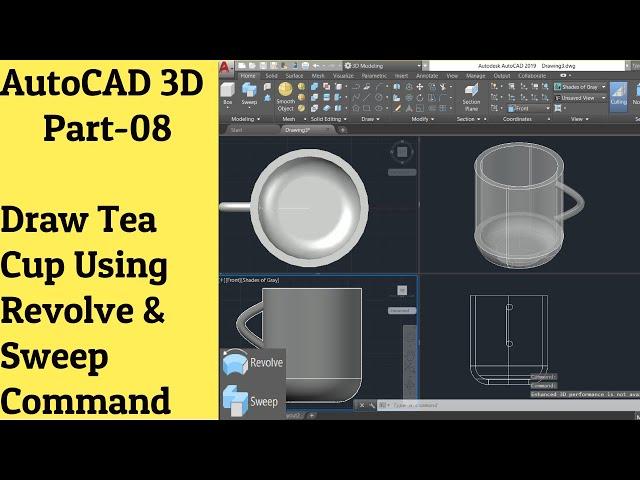 #08 AutoCAD 3D  Tutorial- Draw Tea Cup Using Revolve & Sweep Command