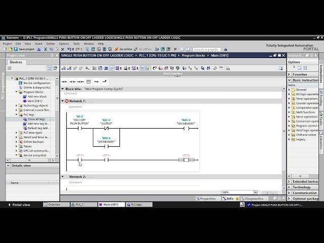 Single Push Button Start/Stop Ladder Logic Diagram using Siemens TIA Portal