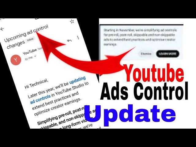 Upcoming ad control changes / youtube email | Youtube New update Pre roll ads yt channel ads update