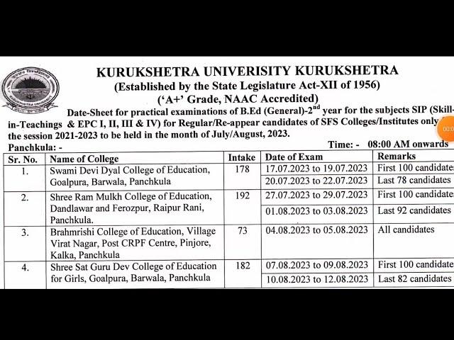 Kuk Bed Datesheet 2023, Bed Datesheet 2023, Bed 2nd Year, Bed Pratical Examination