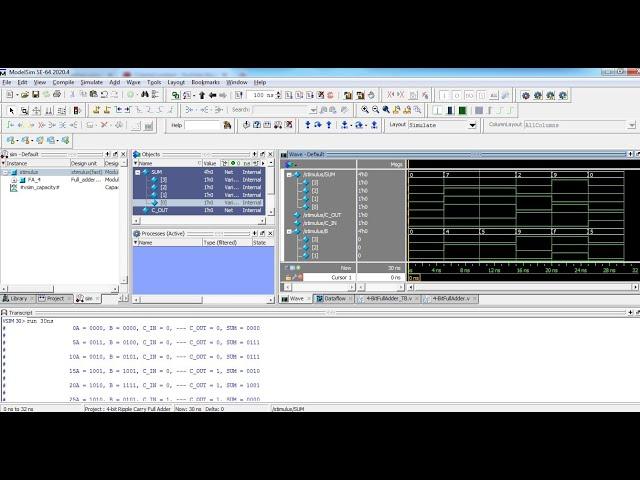 Basic simulation in verilog using Modelsim - 4-bit Ripple Carry Full Adder