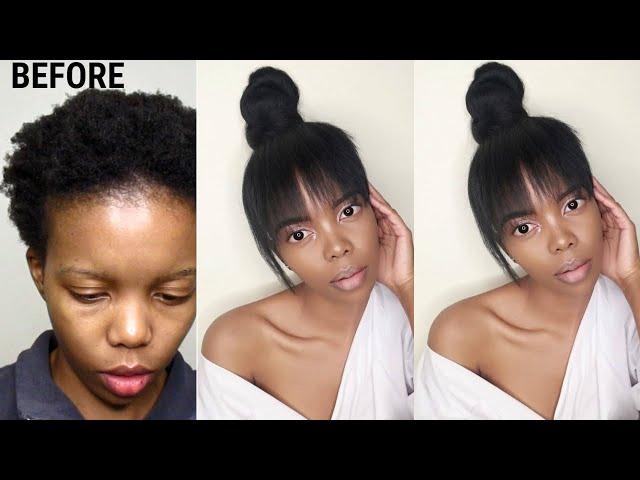 HOW TO DO A BUN AND BANGS ON SHORT NATURAL 4C HAIR| NO GLUE| NO HEAT|SOUTH AFRICAN YOUTUBER