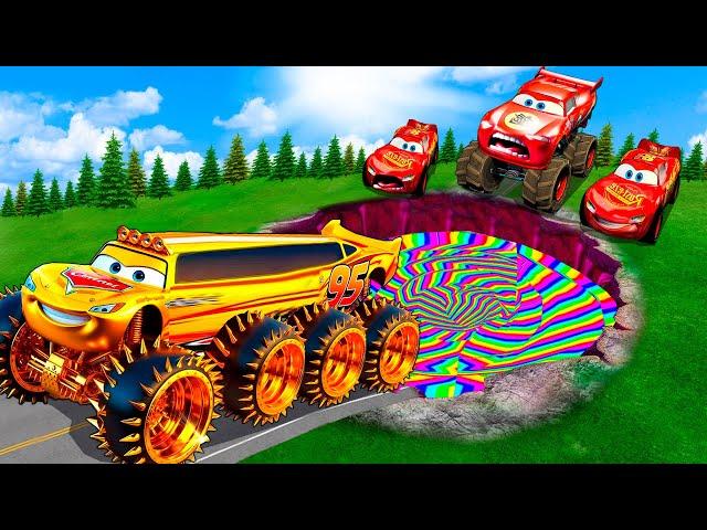 Rainbow Pit Transform Mcqueen Into Big & Small:McQueen Golden & Mater vs Pixar Cars! Beam.NG Drive!