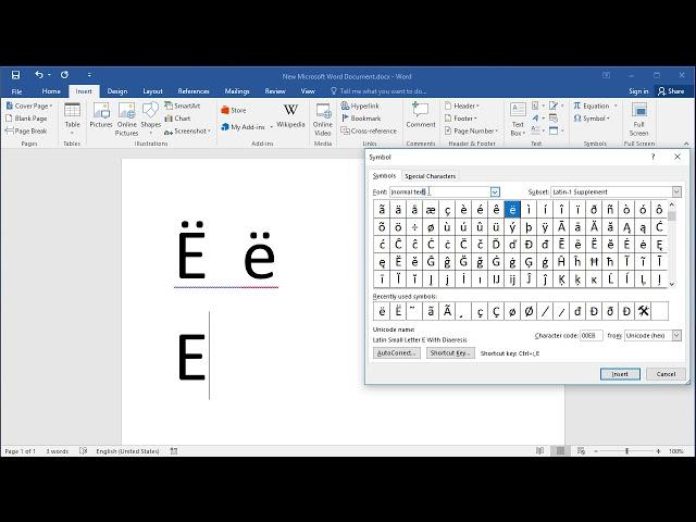 How to type Letter E with Diaeresis in Word