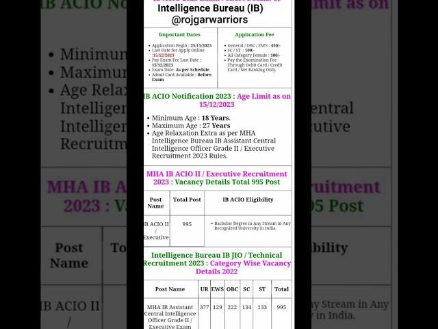 Intelligence Bureau (IB) new vacancy 2023  || IB ACIO  recruitment #shorts