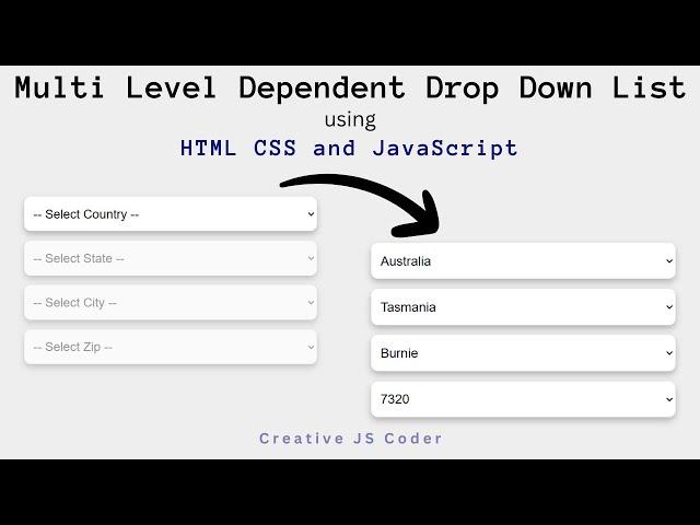 JavaScript Dependent Drop down list | Select Country State City Zip code Drop Down using JavaScript