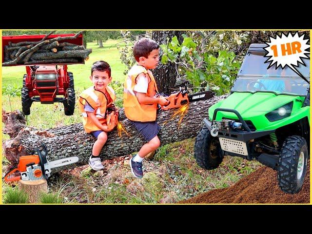 Chainsaw tractor compilation with kids tractor, toy chainsaw, power wheels truck, and real tractor