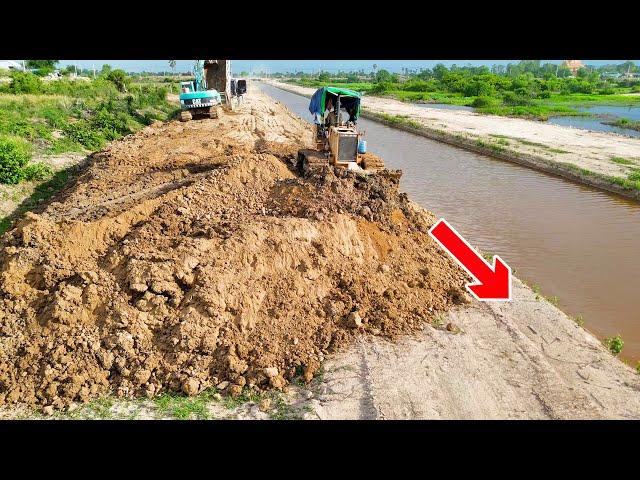 Incredible! The Dozer, Excavator & 10wheel Dumper Building New Road Along Canal Water