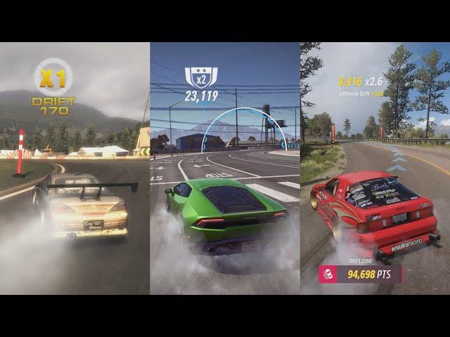 Drift Events in 30 different racing games (NFS, Juiced, Forza, Gran Turismo and more)