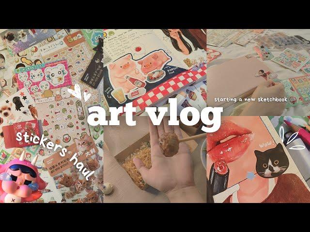 ART VLOG  stickers haul, starting a new sketchbook, chill drawing till coloring process