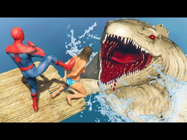 GTA V Crazy Ragdolls | SPIDERMAN FOUND SEA MONSTER The Mosasaurus Dinosaur #6 (Euphoria Physics)