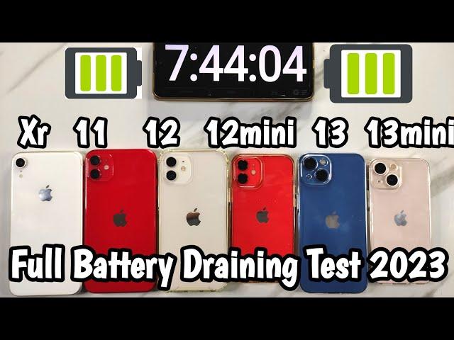 iPhone 13 vs 13mini vs 12 vs 12mini vs 11 vs Xr Full Battery Drain Test in 2023|| Shocking Results!!