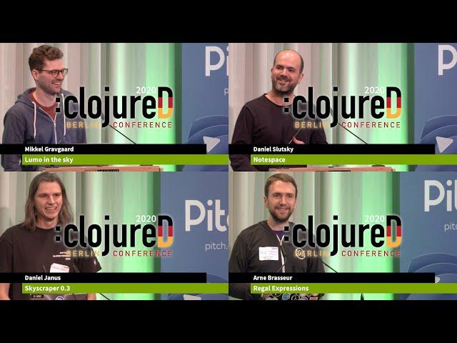 clojureD 2020: Lightning Talks by Mikkel Gravgaard, Daniel Slutsky, Daniel Janus and Arne Brasseur