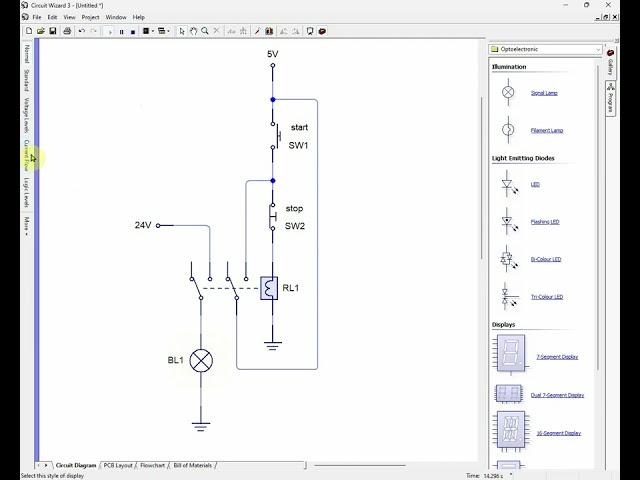 Latching relay (start - stop) Circuit Wizard simulation