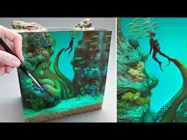 GIANT OCTOPUS Stalks Diver! Diorama, Resin Art, Polymer Clay