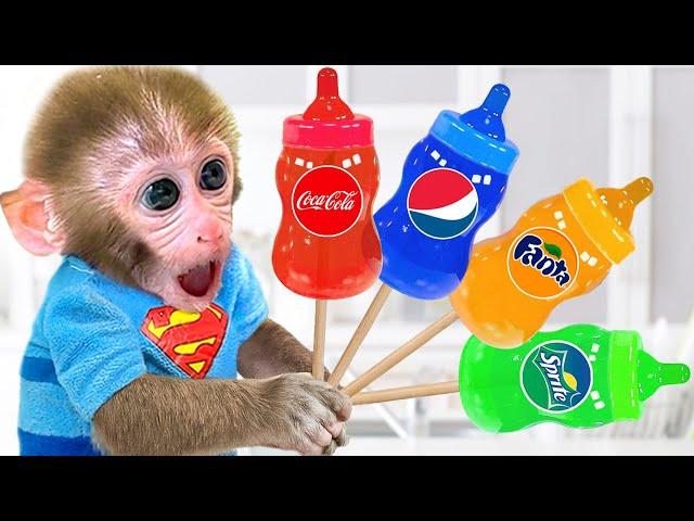 Monkey Baby Bon Bon goes shark fishing and eats milk bottle jelly with ducklings in the garden