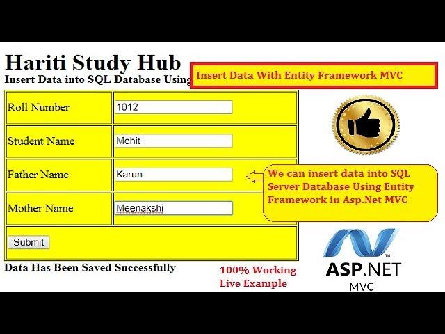 Insert Data into SQL Database Using Entity Framework in Asp.Net MVC | Hindi | Free Online Classes