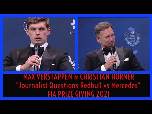 MAX VERSTAPPEN & CHRISTIAN HORNER JOURNALIST QUESTION "MERCEDES APPEALS" FIA PRIZE GIVING 2021