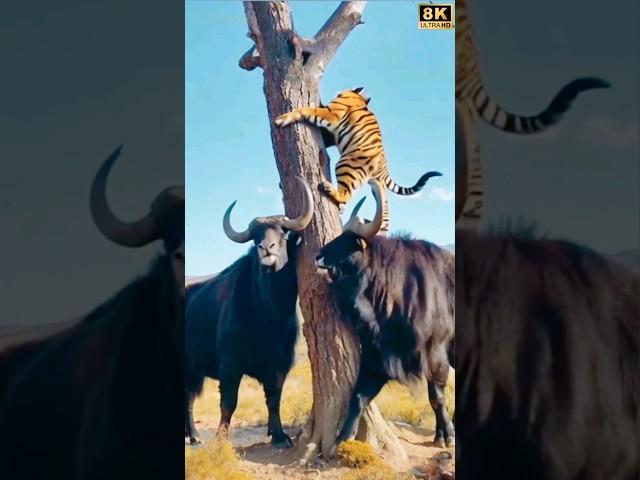 Two Powerful Yaks Force a Tiger to Escape Up a Tree!#funny #shortvideo #nature #funnyvideo