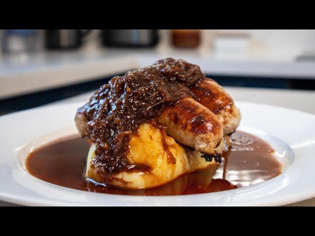 Sausage and Mash With a Rich Red Wine Onion Gravy