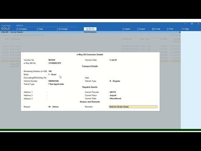 Extend e-Way Bill using TallyPrime