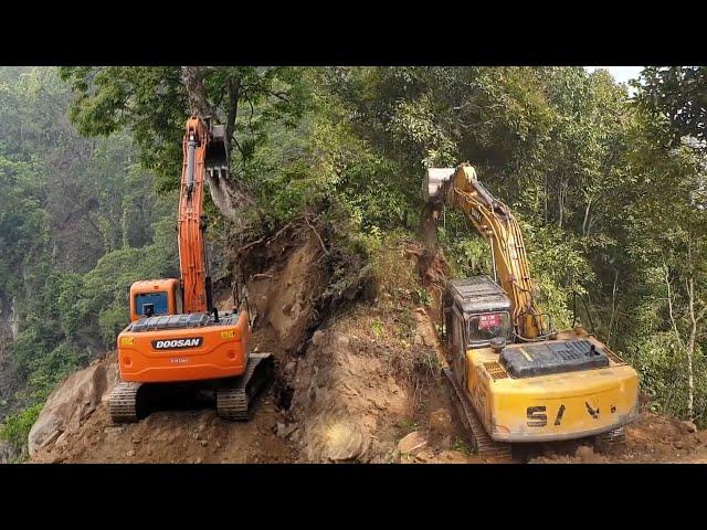 Scary Job of JCB, Doosan, and Sany Excavators Felling Trees for Mountain Road Construction