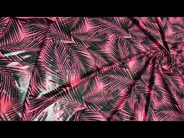 Stretch Fabric Black Leaves Pink Background Print Hologram Foil Spandex By Yard for Swimwear