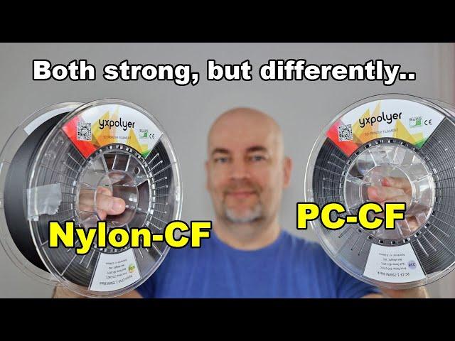 YXpolyer PC-CF (polycarbonate) vs Nylon-CF - both very strong 3D printing filaments, but differently