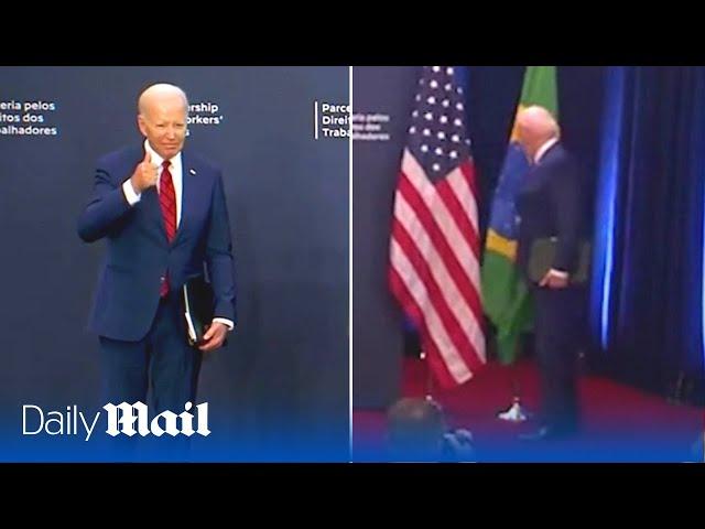 Joe Biden awkwardly stumbles into pole and doesn't shake President Lula's hand