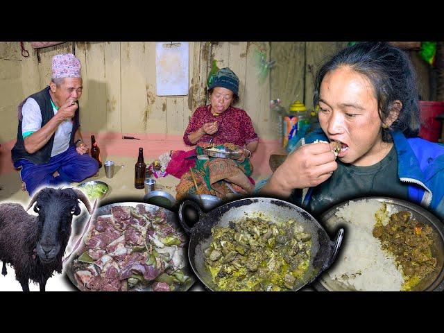 Sheep Meat Fry Recipe with rice in Rural Village || Village Lamb Meat recipe || New Nepali food vlog