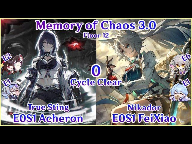 NEW MOC 3.0 Floor 12 - E0S1 Acheron x E0S1 FeiXiao 0 Cycle Clear | 01黄泉01飞霄0T天谴之矛 | Honkai Star Rail