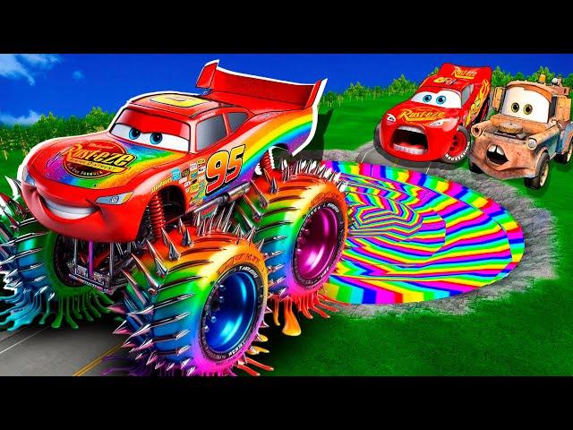 Rainbow Pit Transform In Big & Small: Lightning Mcqueen  & Mater vs  Pixar Cars! Beam.NG Drive!