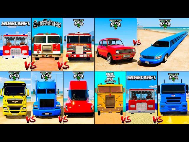 Minecraft Fire Truck vs GTA 5 Tesla Semi Truck vs Long Car vs GTA San Andreas - Cars Compilation