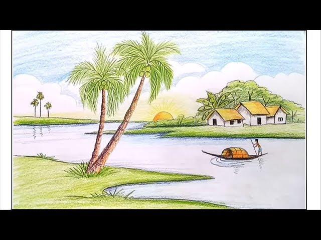 How to draw riverside Landscape /Village scenery step by step