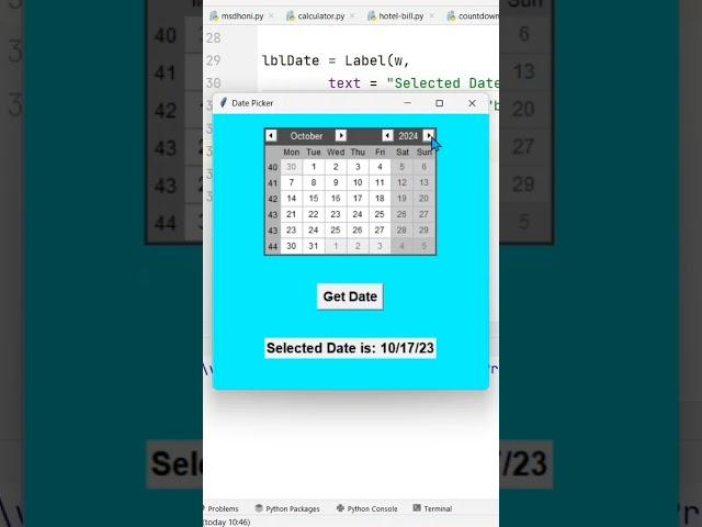 Date Picker Using Python Tkinter #shortsfeed #shorts #python