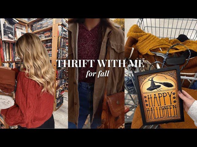 thrift w/ me for FALL   autumn outfit inspo, fall thrift haul & spooky season decor on a budget!