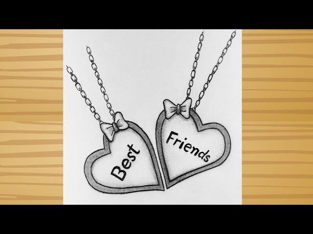 Best friends drawing - Best friends locket Drawing / Bff drawing / Friendship Day Drawing tutorial