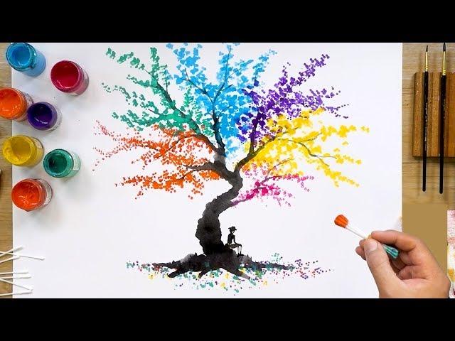 Colorful Abstract Tree Q Tip Painting Technique | Easy Creative Art