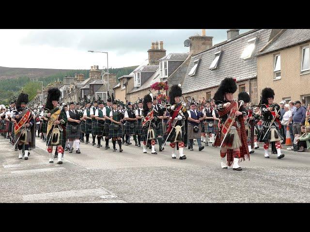 Thundering sound of the Massed Pipes and Drums marching after the 2022 Dufftown Highland Games