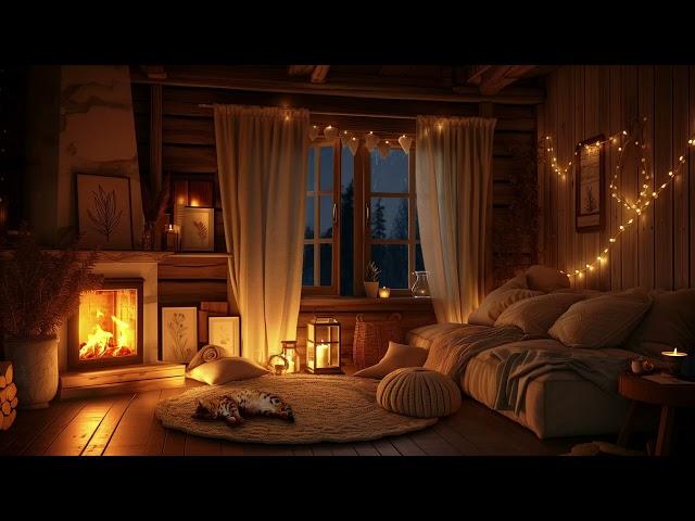 Rainy Night Retreat - Cozy Living Room with Cat and Fireplace