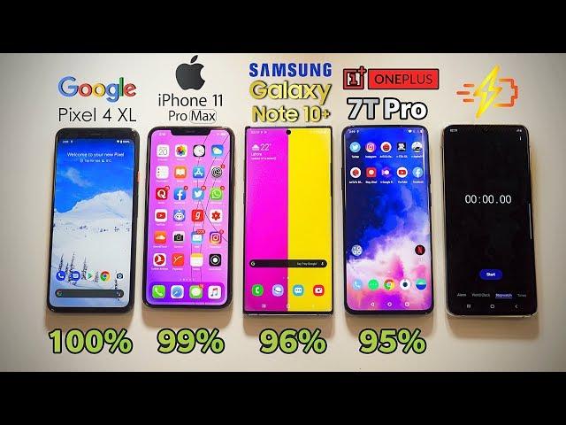 Google Pixel 4 XL vs iPhone 11 Pro MAX vs Note 10 Plus vs OnePlus 7T Pro - Battery Drain Test!