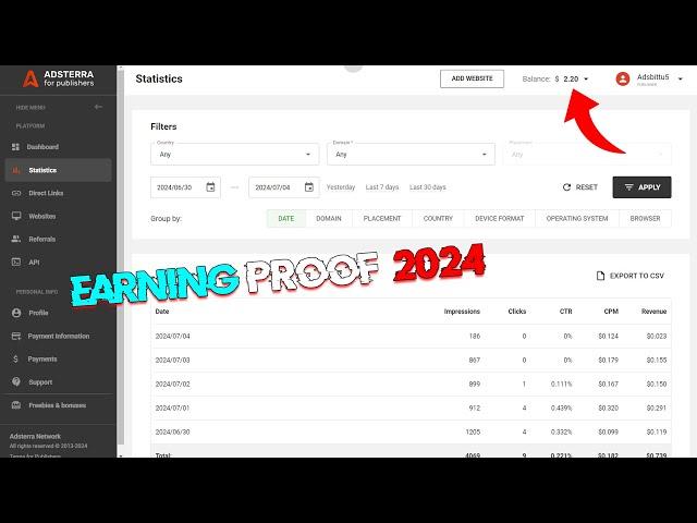 Adsterra Earning Proof 2024 | Adsterra Earning Trick 35$ | Best Adsense Alternative in 2024