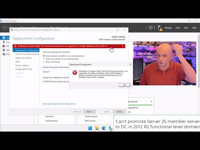 Promoting a Windows Server 2025 Member to Domain Controller requires WS 2016 domain functional level