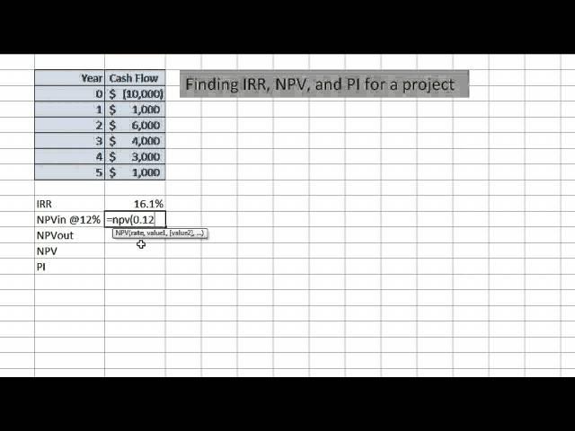 IRR, NPV, and PI for a project in Excel