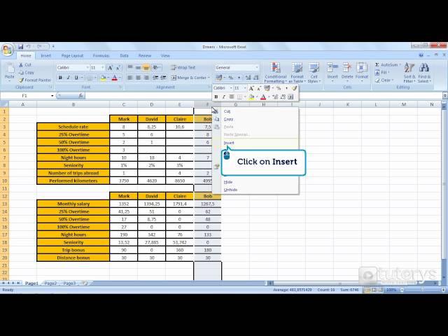 How to insert columns into a table with Excel 2007?