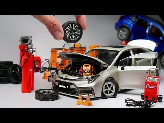 Miniature Toyota Corolla Tyre Puncture & Brake Fail - Changing Tyres 1:18 Scale Diecast Model